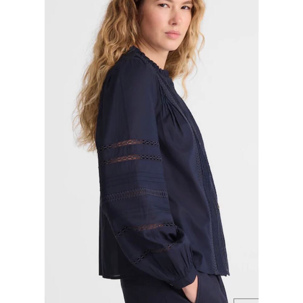 Madewell Navy Pintuck Lace Insert Blouse Ruffle Neck Boho Cottagecore Top L - Picture 2 of 13